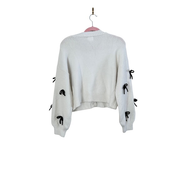 Luna Ivy White Cardigan Black Bows Cropped Knit Sweater Cottagecore Grandmacore - Picture 2 of 9